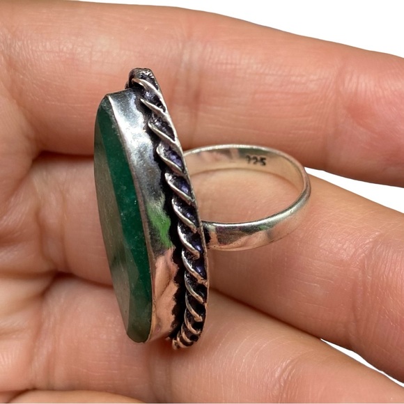 Emerald Ring Size 6 Natural Stone 925 Sterling Silver Overlay Green Chunky - Picture 8 of 8